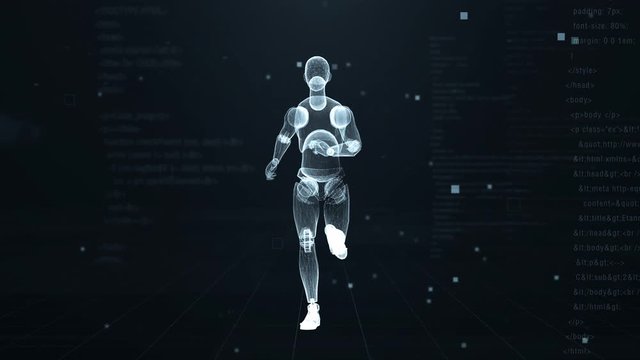 Human puppet running on virtual 3d digital space with futuristic white hud. X-ray scan. Front view