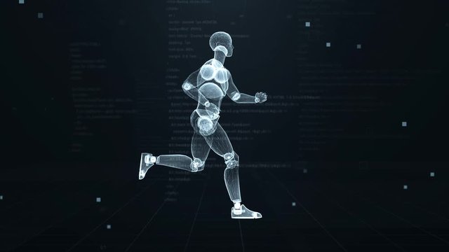 Human puppet running on virtual 3d digital space with futuristic white hud. X-ray scan. Side view.