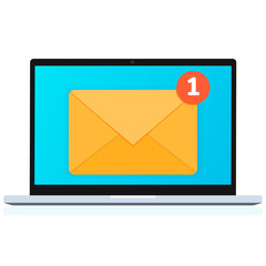 Unread email notification concept. New email message on the laptop screen. Flat style vector illustration isolated on white background.