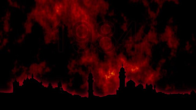 1984. A tragic year for the Sikhism, Sikh temple on a background of fire, video, 4K