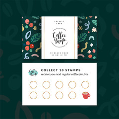 Coffee shop loyalty card, discount coupon for collection stamps, buy 9, get one drink for free. Pre-made vector layout, modern design with illustrations and logo, good for cafeteria or cafe