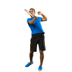 Full-length shot of African American tennis player man over isolated white background