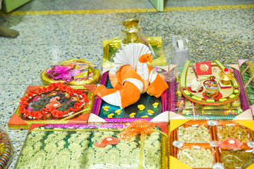 Closeup view of  bengali marriage rituals with beautiful decorations for bride and groom in India