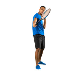 Full-length shot of African American tennis player man over isolated white background
