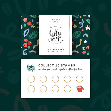 Coffee Shop Loyalty Card, Discount Coupon For Collection Stamps, Buy 9, Get One Drink For Free. Pre-made Vector Layout, Modern Design With Illustrations And Logo, Good For Cafeteria Or Cafe