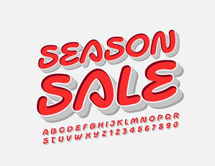 Vector bright emblem Season Sale. Red creative Font. Trendy Alphabet Letters and Numbers