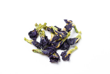 Blue Anchan tea, dried tea flowers(Flowers of the clitoris triplicate) on a white background.