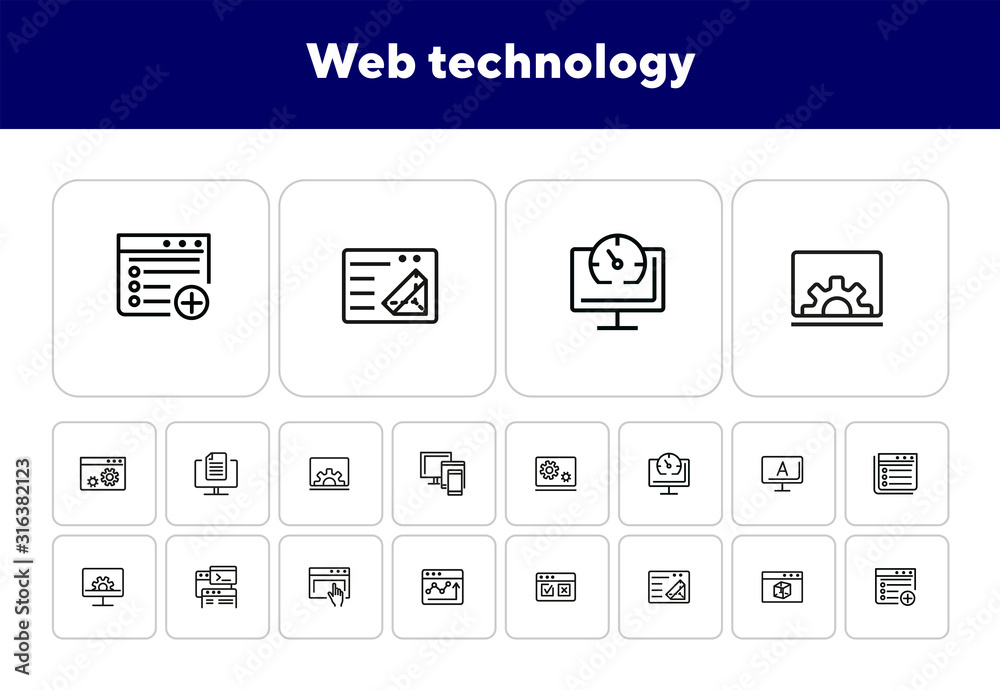 Poster web technology line icon set. information, browser, connection. programming concept. can be used for