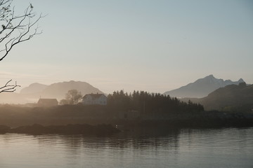 Lofoten islands in north of norway. Ballstad town in vestvagoya islands. Typical norwegian architecture and lofoten vies