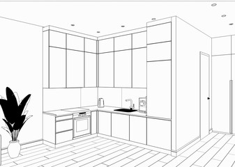 interior contour visualization, 3D illustration, sketch, outline