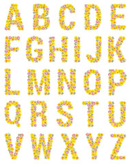 Flower alphabet. The letters of the English alphabet consisting of daffodils, gerberas and daisies. Yellow, pink, white, orange flowers. Creative concept of spring, summer.