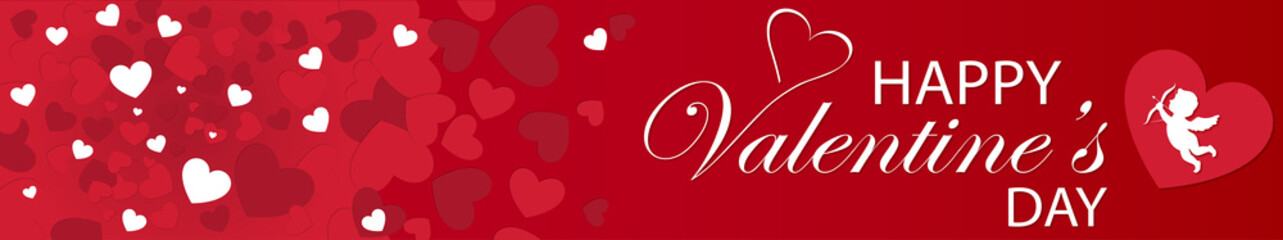 bandeau ou carte happy valentine's day avec coeur rouge et blanc ange sur fond rouge en dégradé