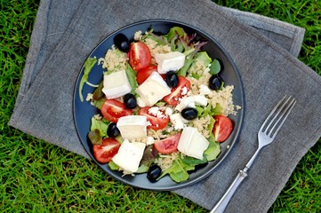 Fresh salad with lettuce, black olive, tomato, arugula, cous-cous and camembert cheese