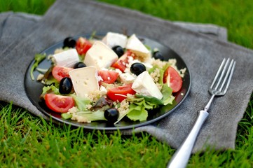 Fresh salad with lettuce, black olive, tomato, arugula, cous-cous and camembert cheese