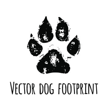 Vector black pet dog grunged footprint paw mark silhouette drawing sign illustration isolated on white background.T shirt print design.Sticker.