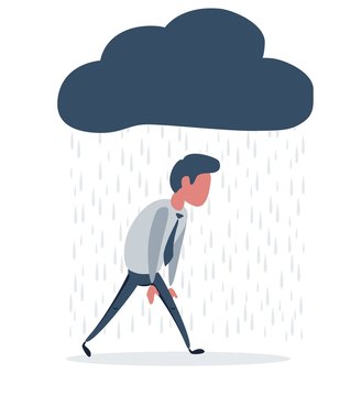 depressed man walking with a cloud of rain over his head. Vector flat design illustration.