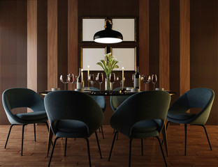 Luxury interior with wooden wall, side table and premium chairs. 3d render