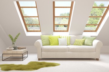Stylish room in white color with sofa and summer landscape in window. Scandinavian interior design. 3D illustration
