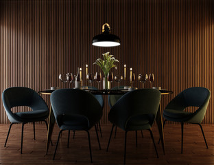 Luxury interior with wooden wall, side table and premium chairs. 3d render - obrazy, fototapety, plakaty