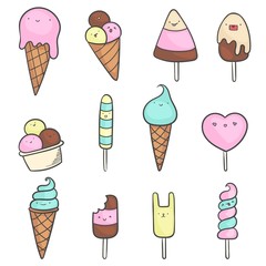 Set of cute kawaii ice cream in doodle style. Various colorful ice cream in waffle with happy faces.