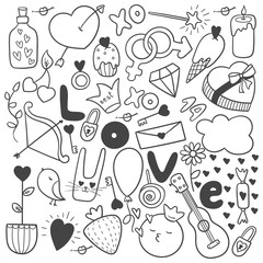 Valentine's Day doodle set with sweets and hearts. Collection of cute romantic objects in outline. Easy to change color.