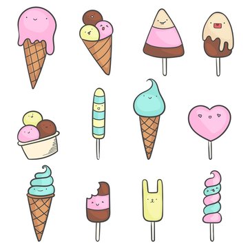 Set of cute kawaii ice cream in doodle style. Various colorful ice cream in waffle with happy faces.