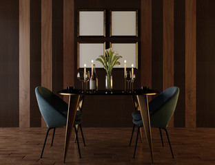 Luxury interior with wooden wall, side table and premium chairs. 3d render