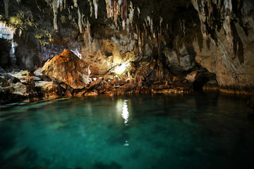 cave with underground lake on a tropical island in the philippines