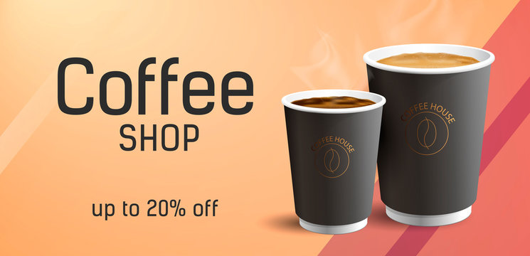 Coffee to Go Poster Concept with two realistic cofee paper cups illustrations and typography with discount
