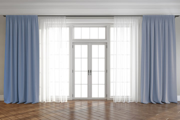 Fototapeta na wymiar Empty room with window and curtains. 3d render
