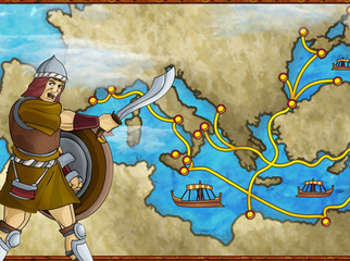 cartoon scene with greek or roman character or trader merchant on the map of mediterranean sea illustration for children