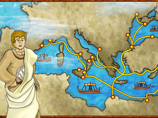 cartoon scene with greek or roman character or trader merchant on the map of mediterranean sea illustration for children