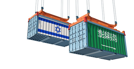 Freight container with Israel and Saudi Arabia flag - isolated on white. 3D Rendering
