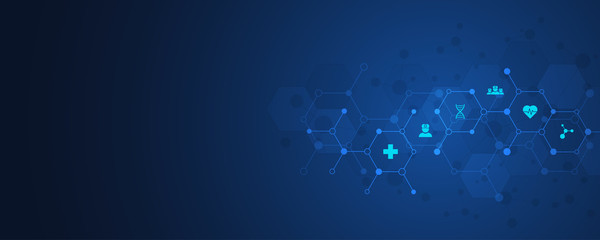 Healthcare and technology concept with flat icons and symbols. Template design for health care business, innovation medicine, science background, medical research. Vector illustration.