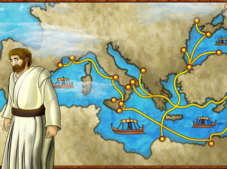 cartoon scene with greek or roman character or trader merchant on the map of mediterranean sea illustration for children