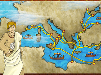 cartoon scene with greek or roman character or trader merchant on the map of mediterranean sea illustration for children