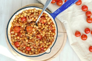 Healthy gluten free meal from chickpea,meat and tomato on pan