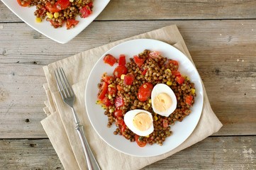Fresh salad with lentils,tomato,pepper,sweet corn and egg on white plate