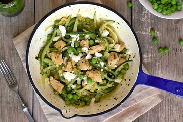 Zucchini spaghetti with pea, chicken meat and cheese on pan