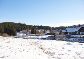 Panorama of Modrava village in Sumava National Park                               