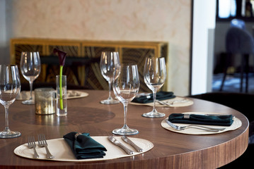 Restaurant table setting with Empty clean glasses. Banquet dining table