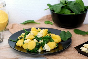 Sweet corn polenta gnocchi wiht spinach and cheese