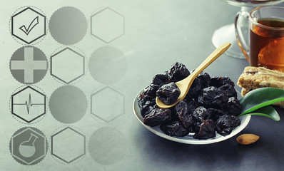  Healthy and proper nutrition for life. Healthy foods. Dried fruits for diet. Prunes, dates, raisins and figs.