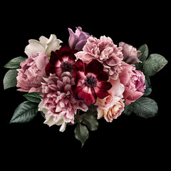 Dark pink peony, white roses, red anemone, purple tulip isolated on black background. Floral...