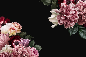 Floral banner, header with copy space. Pink peony, white roses, red anemone, purple tulip isolated isolated on dark background. Natural flowers wallpaper or greeting card.