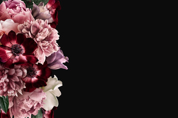 Floral banner, header with copy space. Pink peony, white roses, red anemone, purple tulip isolated isolated on dark background. Natural flowers wallpaper or greeting card.