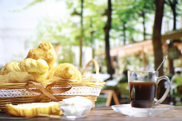 Fresh pastries on the table. French flavored croissant.