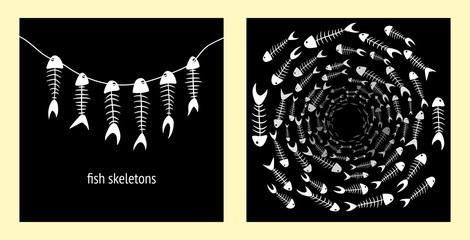 set of two illustrations with white fish skeletons