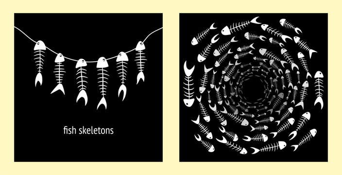 Set Of Two Illustrations With White Fish Skeletons