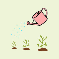 Watering can spraying water to plants. Isolated vector drawing. Simple gardening design elements.